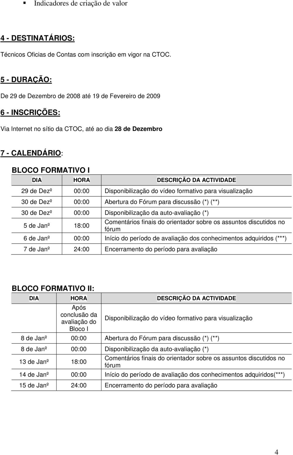 Dezº 00:00 Abertura do Fórum para discussão (*) (**) 30 de Dezº 00:00 Disponibilização da auto-avaliação (*) 5 de Janº 18:00 6 de Janº 00:00 Início do período de avaliação dos conhecimentos