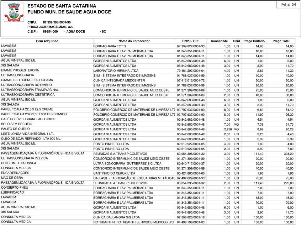 PÉLVICA DENSIOMETRIA OSSEA ENCADERNAÇÕES MAO DE OBRA CONSERTO PNEU LUBRIFICAÇÃO LABORATORIO MIRINHA LTDA 07.369.822/0001-93 UN 01.346.351/0001-11 UN 01.346.351/0001-11 UN 05.842.683/0001-48 UN 79.481.