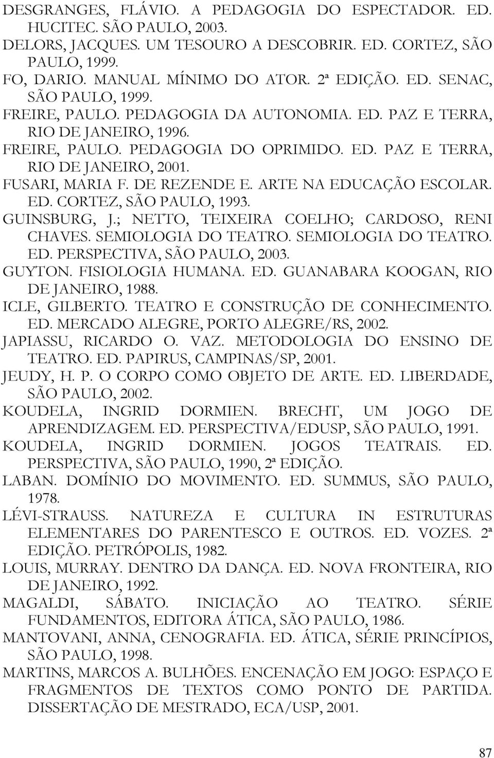 ARTE NA EDUCAÇÃO ESCOLAR. ED. CORTEZ, SÃO PAULO, 1993. GUINSBURG, J.; NETTO, TEIXEIRA COELHO; CARDOSO, RENI CHAVES. SEMIOLOGIA DO TEATRO. SEMIOLOGIA DO TEATRO. ED. PERSPECTIVA, SÃO PAULO, 2003.