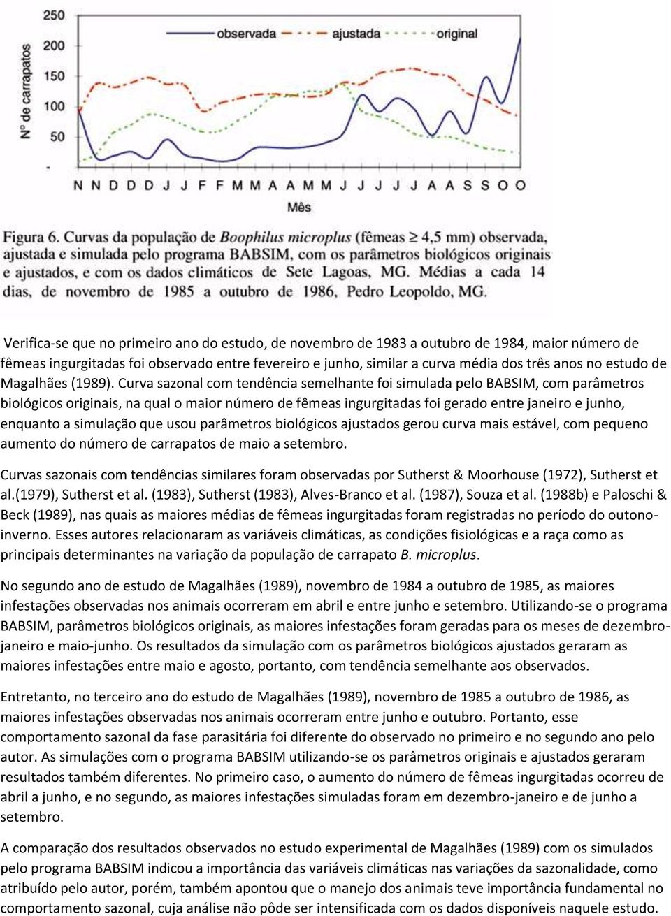 Curva sazonal com tendência semelhante foi simulada pelo BABSIM, com parâmetros biológicos originais, na qual o maior número de fêmeas ingurgitadas foi gerado entre janeiro e junho, enquanto a