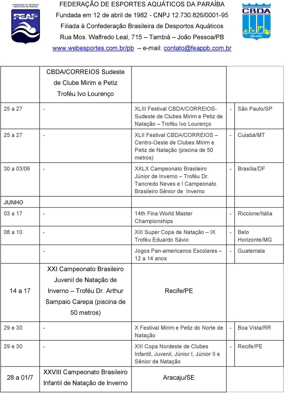 Tancredo Neves e I Campeonato Brasileiro Sênior de Inverno - São Paulo/SP - Cuiabá/MT - Brasília/DF JUNHO 03 a 17-14th Fina World Master Championships 08 a 10 - XIII Super Copa de Natação IX Troféu