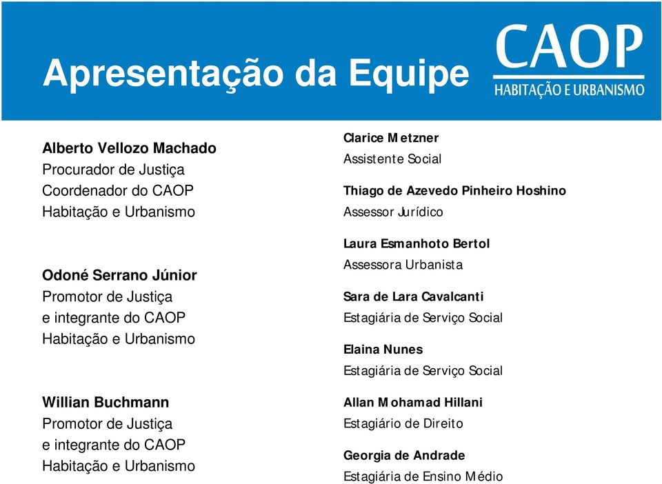 Assistente Social Thiago de Azevedo Pinheiro Hoshino Assessor Jurídico Laura Esmanhoto Bertol Assessora Urbanista Sara de Lara Cavalcanti