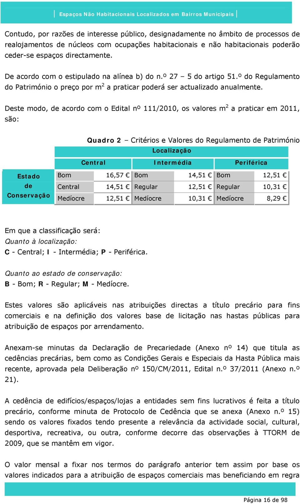 Deste modo, de acordo com o Edital nº 111/2010, os valores m 2 a praticar em 2011, são: Quadro 2 Critérios e Valores do Regulamento de Património Localização Central Intermédia Periférica Estado de