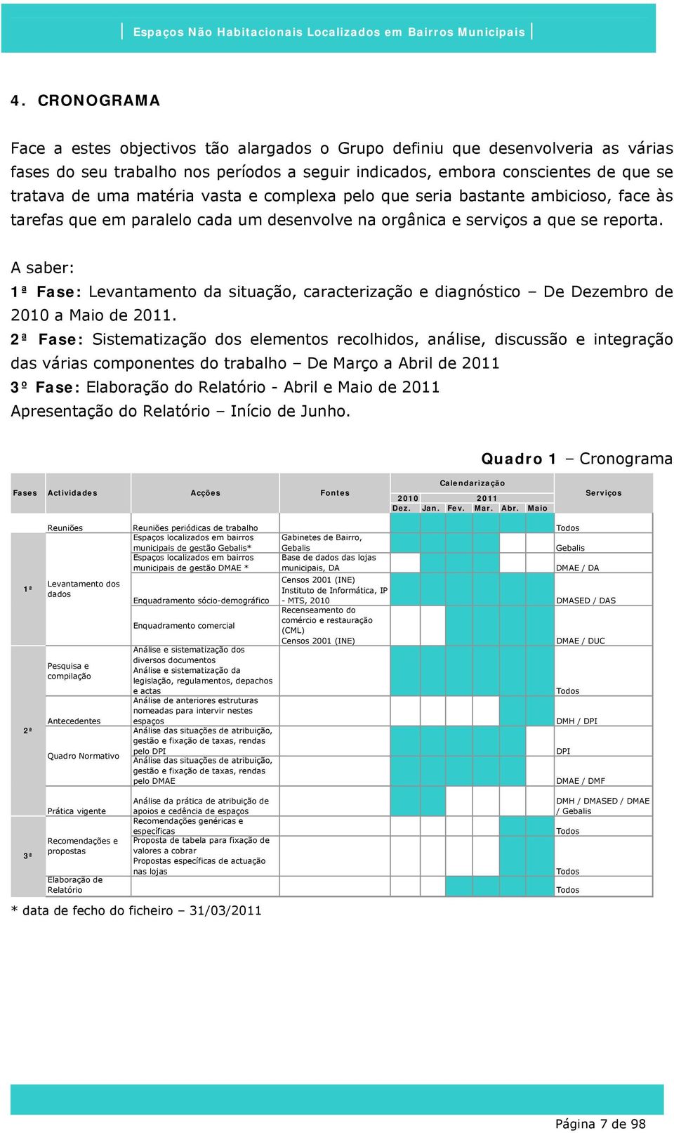 A saber: 1ª Fase: Levantamento da situação, caracterização e diagnóstico De Dezembro de 2010 a Maio de 2011.