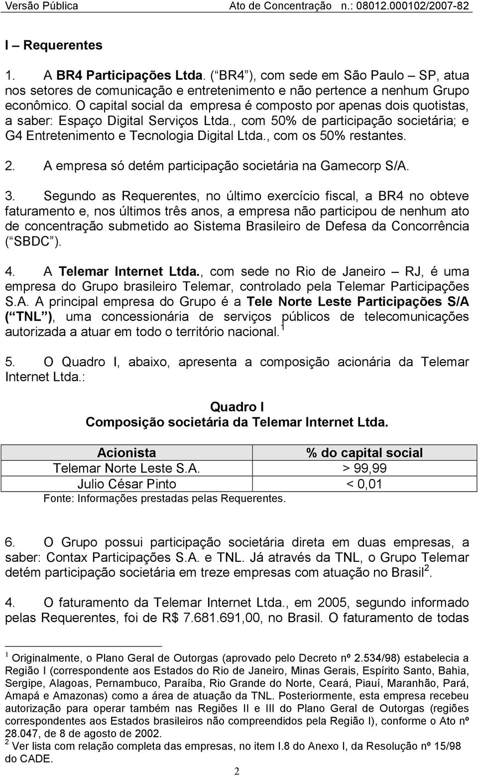 , com os 50% restantes. 2. A empresa só detém participação societária na Gamecorp S/A. 3.