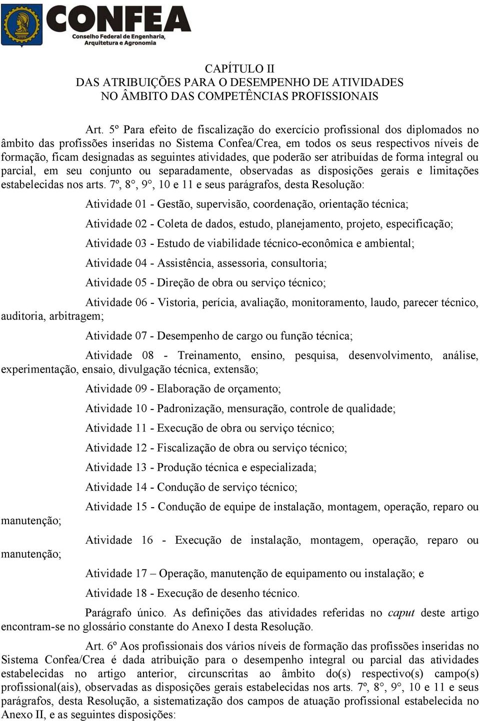 seguintes atividades, que poderão ser atribuídas de forma integral ou parcial, em seu conjunto ou separadamente, observadas as disposições gerais e limitações estabelecidas nos arts.