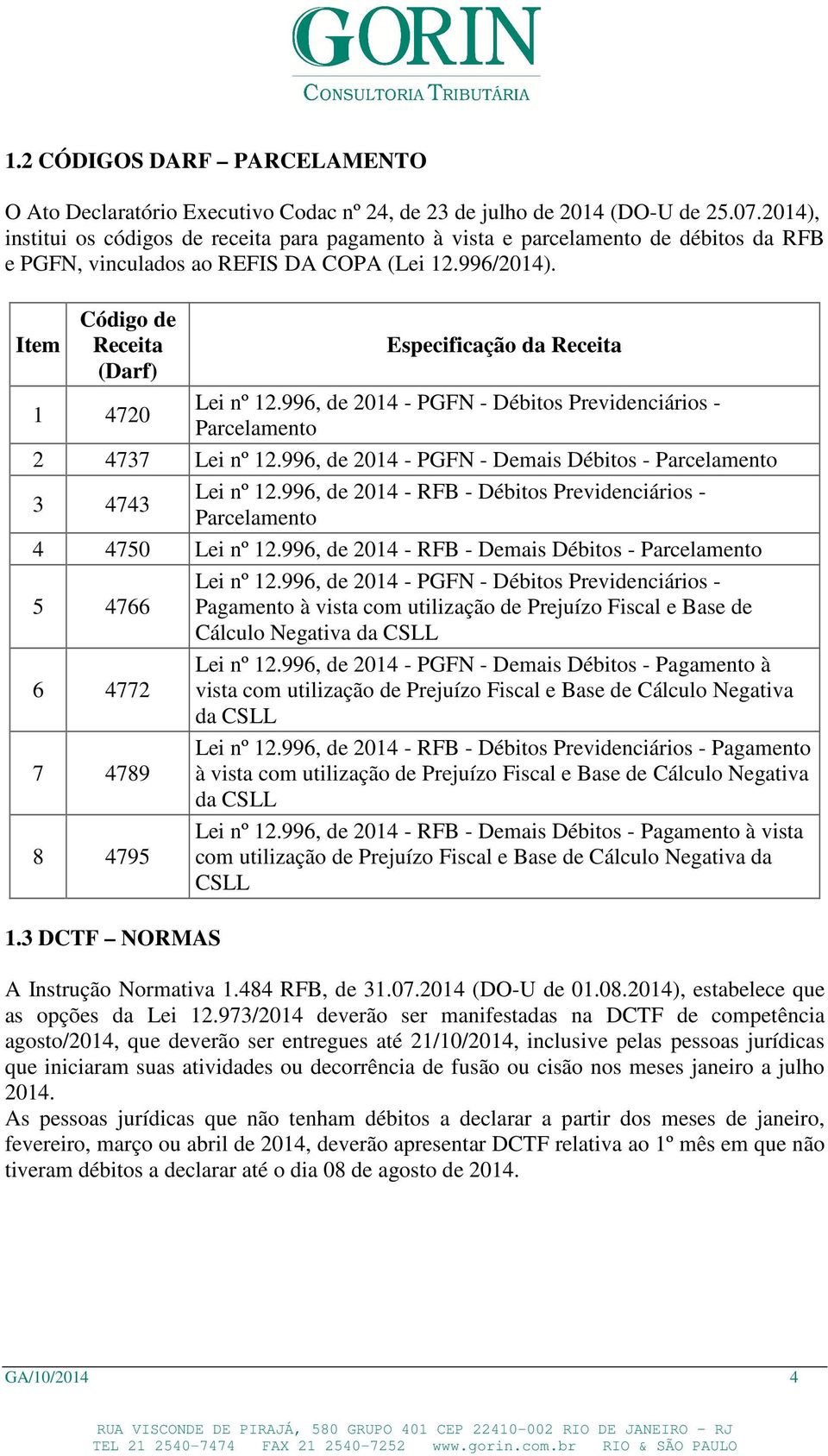 Item Código de Receita Especificação da Receita (Darf) 1 4720 Lei nº 12.996, de 2014 - PGFN - Débitos Previdenciários - Parcelamento 2 4737 Lei nº 12.