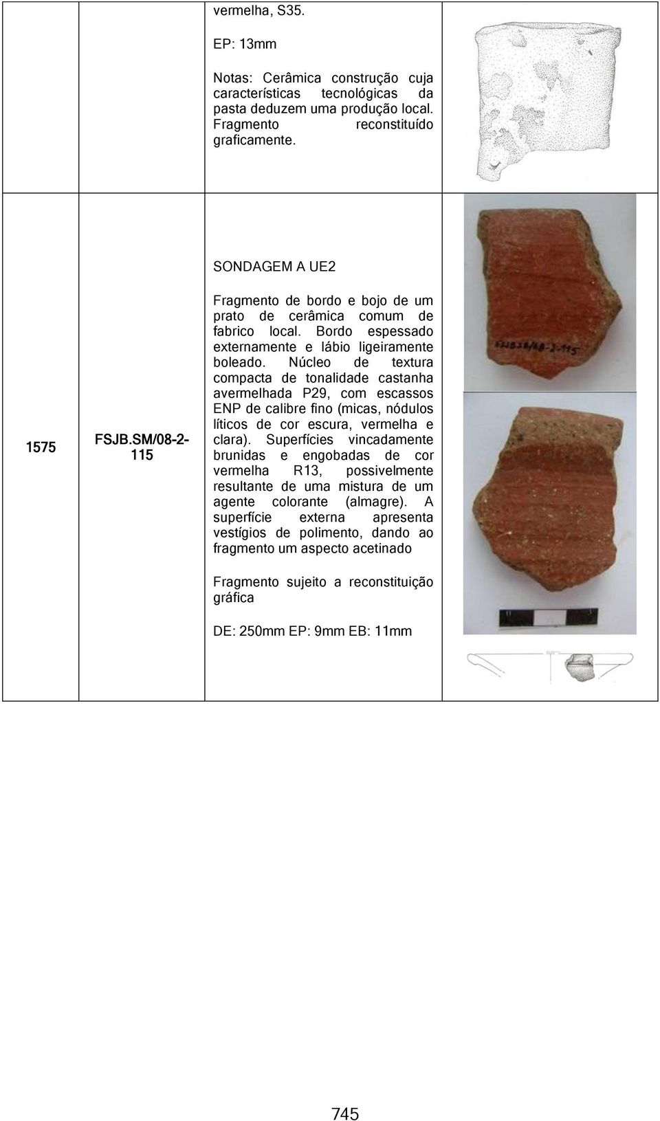 Núcleo de textura compacta de tonalidade castanha avermelhada P29, com escassos ENP de calibre fino (micas, nódulos líticos de cor escura, vermelha e clara).