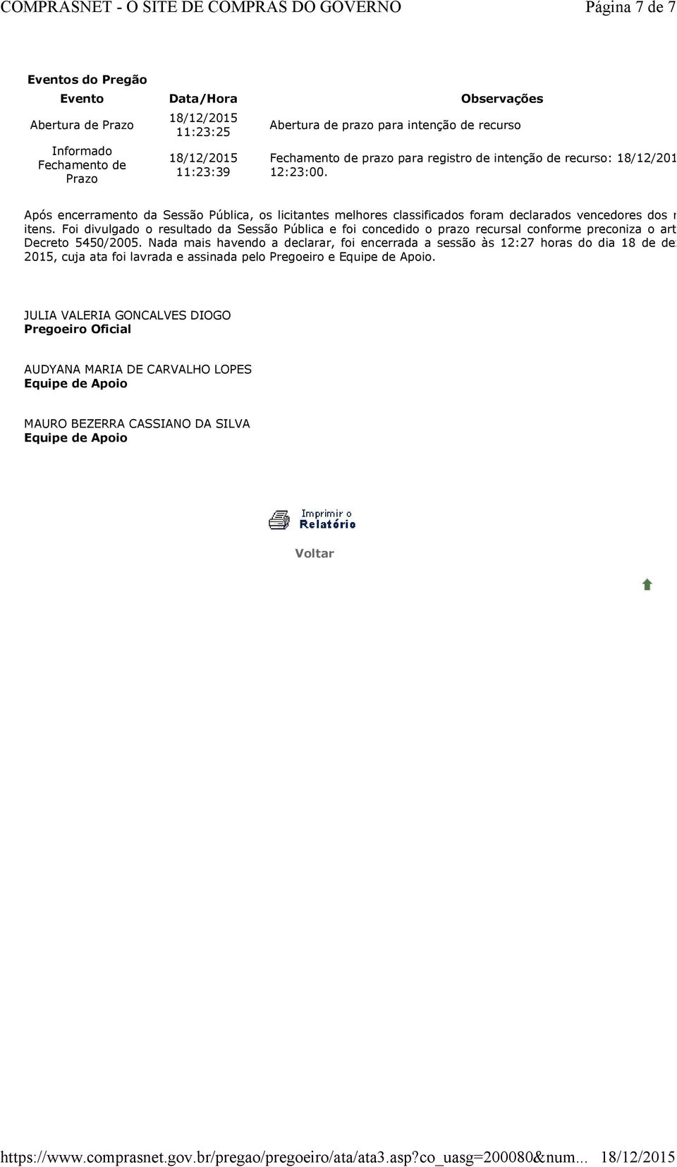 Foi divulgado o resultado da Sessão Pública e foi concedido o prazo recursal conforme preconiza o artigo 26, do Decreto 5450/2005.