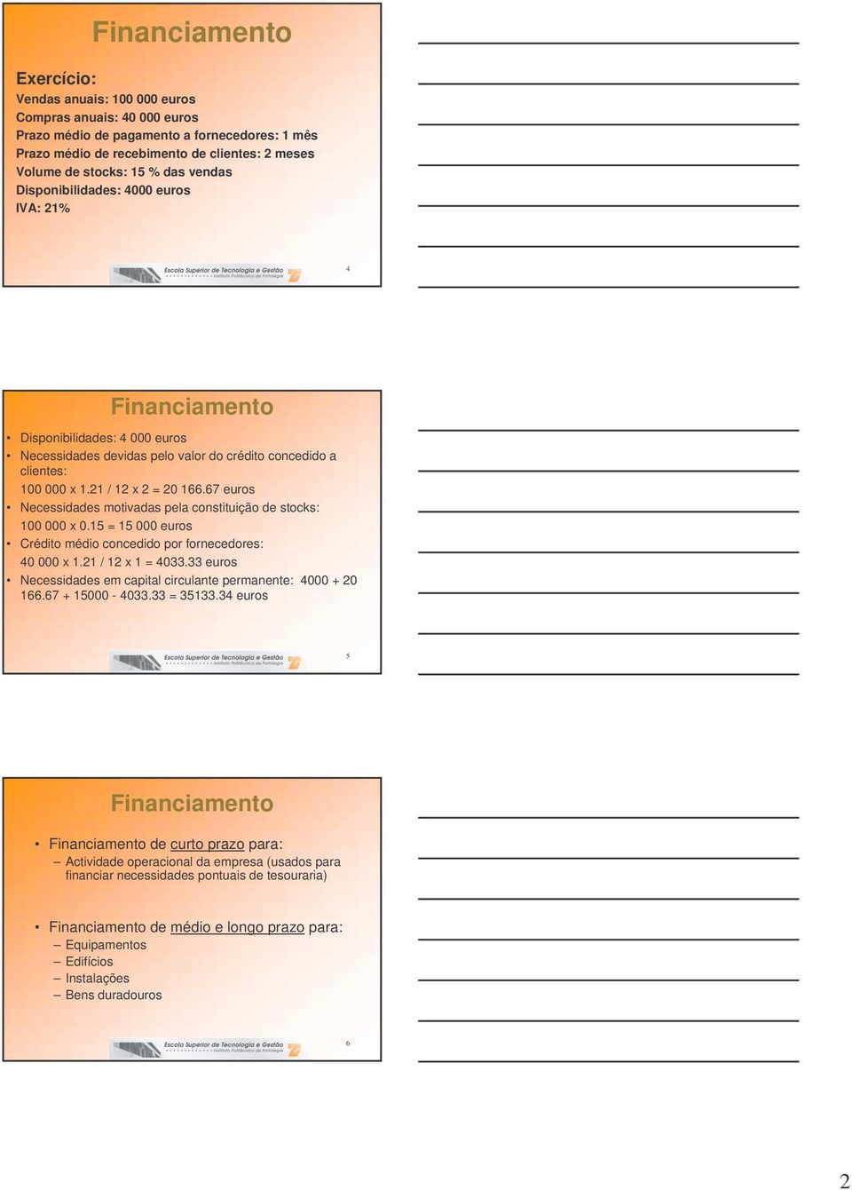 67 euros Necessidades motivadas pela constituição de stocks: 100 000 x 0.15 = 15 000 euros Crédito médio concedido por fornecedores: 40 000 x 1.21 / 12 x 1 = 4033.