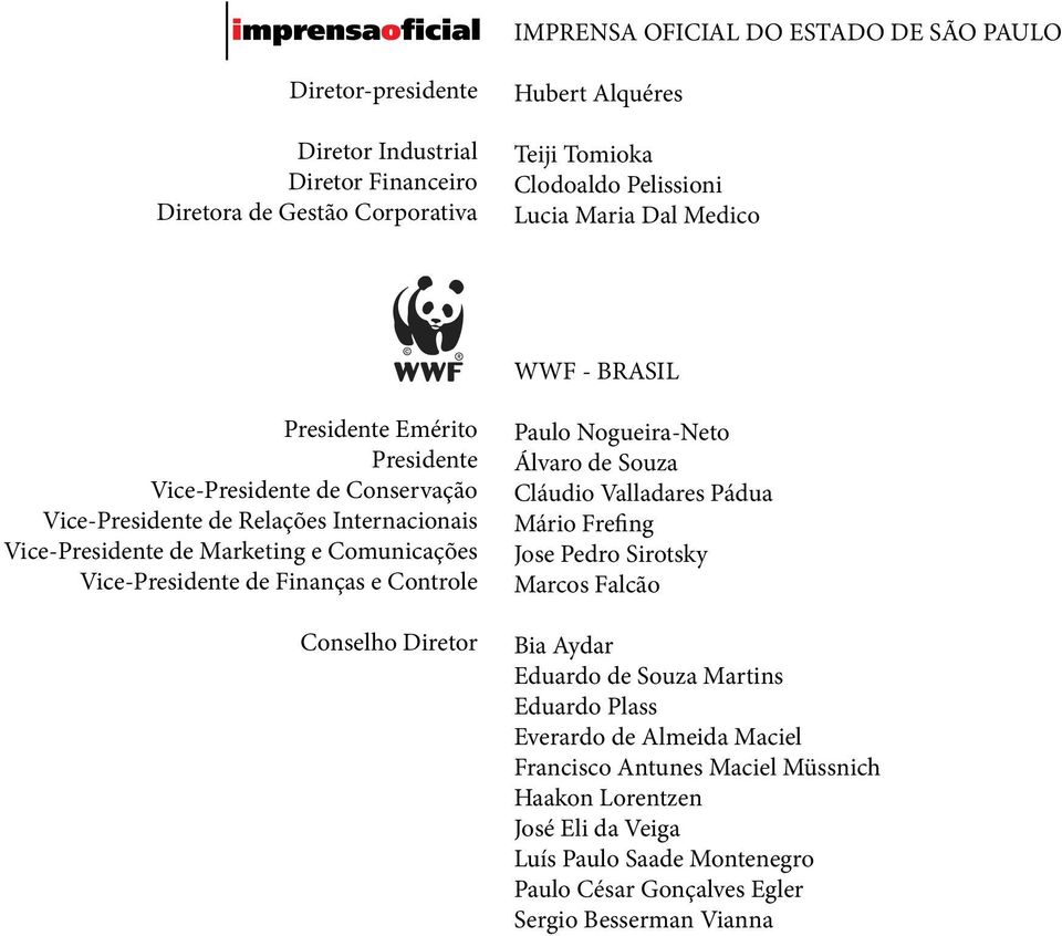 Vice-Presidente de Finanças e Controle Conselho Diretor Paulo Nogueira-Neto Álvaro de Souza Cláudio Valladares Pádua Mário Frefing Jose Pedro Sirotsky Marcos Falcão Bia Aydar Eduardo de