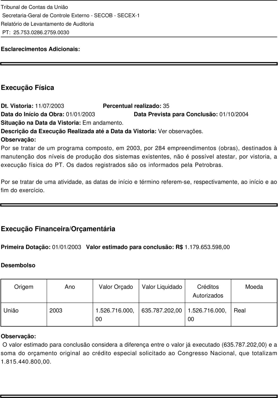 Descrição da Execução Realizada até a Data da Vistoria: Ver observações.