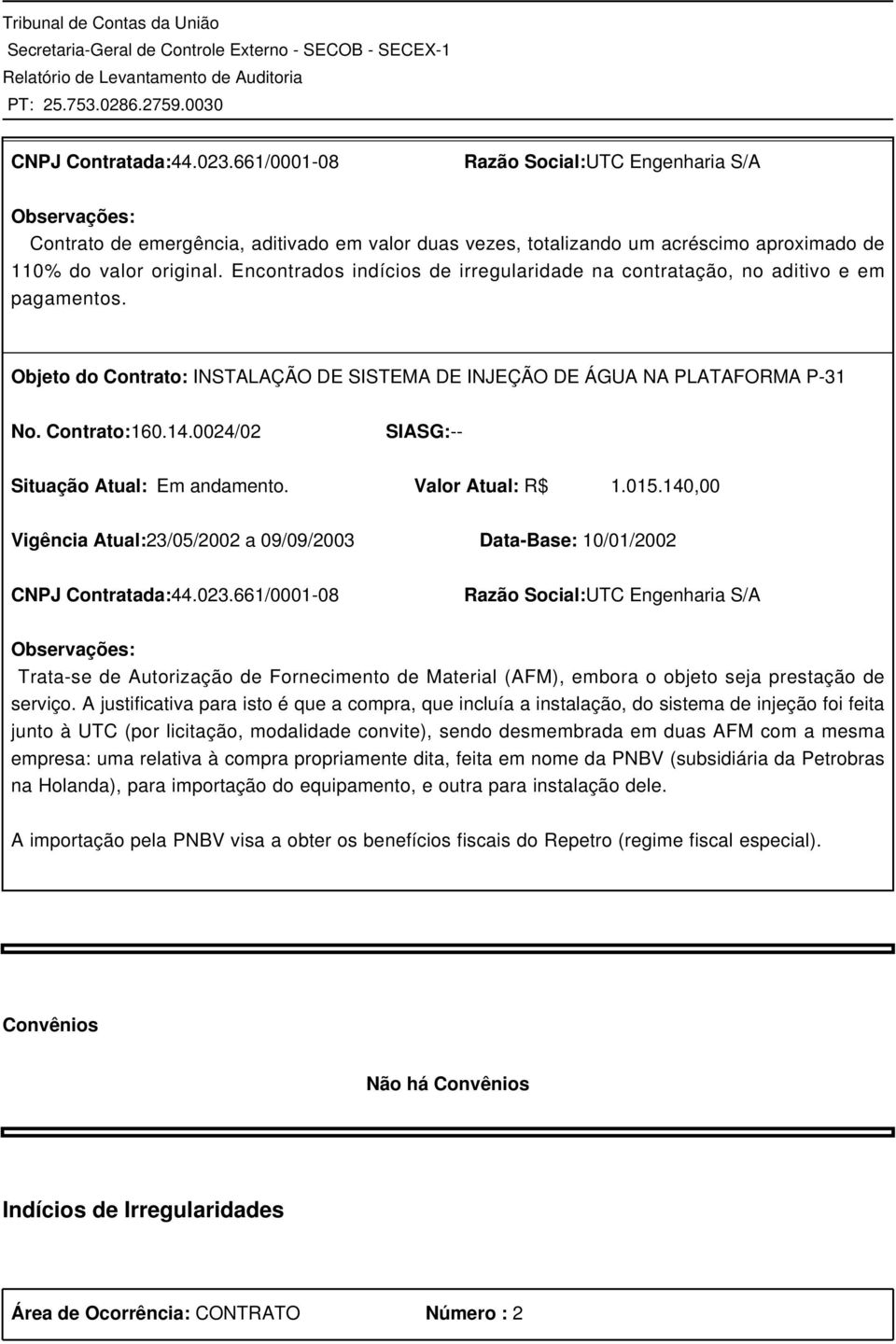 0024/02 SIASG:-- Situação Atual: Em andamento. Valor Atual: R$ 1.015.140,00 Vigência Atual:23/05/2002 a 09/09/2003 Data-Base: 10/01/2002 CNPJ Contratada:44.023.