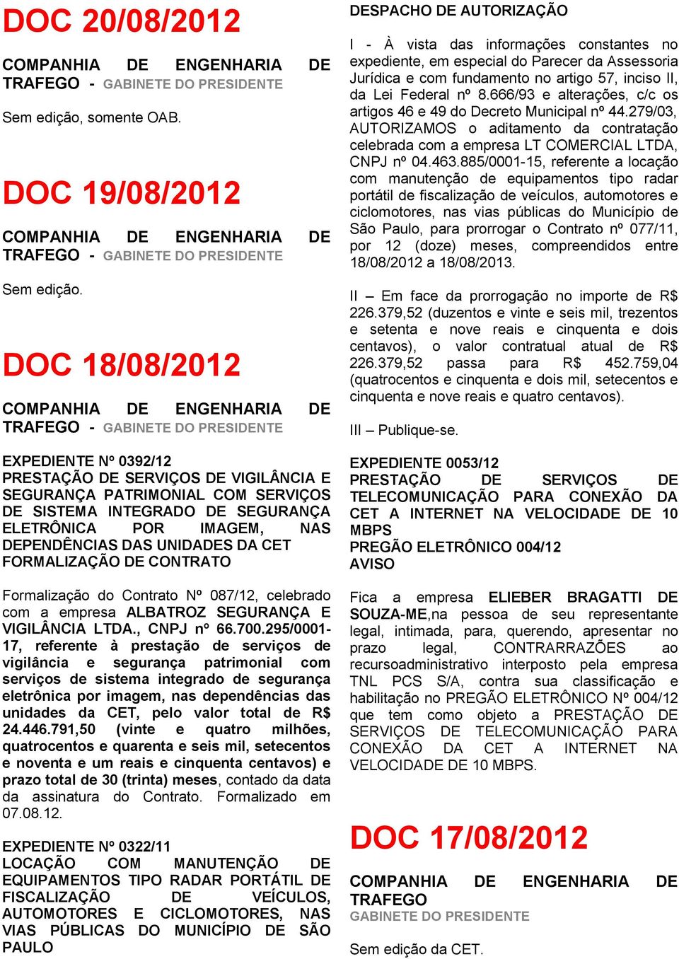 DA CET FORMALIZAÇÃO DE CONTRATO Formalização do Contrato Nº 087/12, celebrado com a empresa ALBATROZ SEGURANÇA E VIGILÂNCIA LTDA., CNPJ nº 66.700.