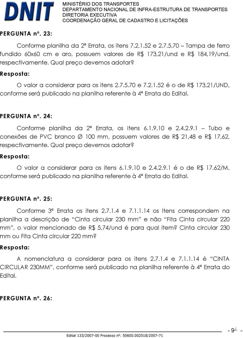 24: Conforme planilha da 2ª Errata, os itens 6.1.9.10 e 2.4.2.9.1 Tubo e conexões de PVC branco Ø 100 mm, possuem valores de R$ 21,48 e R$ 17,62, respectivamente. Qual preço devemos adotar?