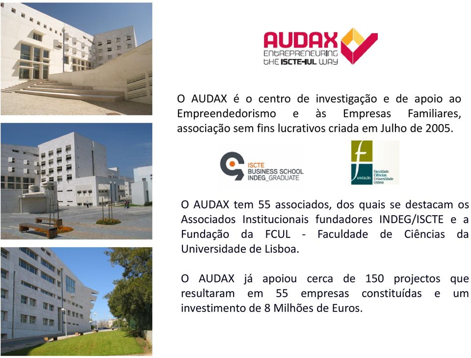 O AUDAX tem 55 associados, dos quais se destacam os Associados Institucionais fundadores INDEG/ISCTE e a