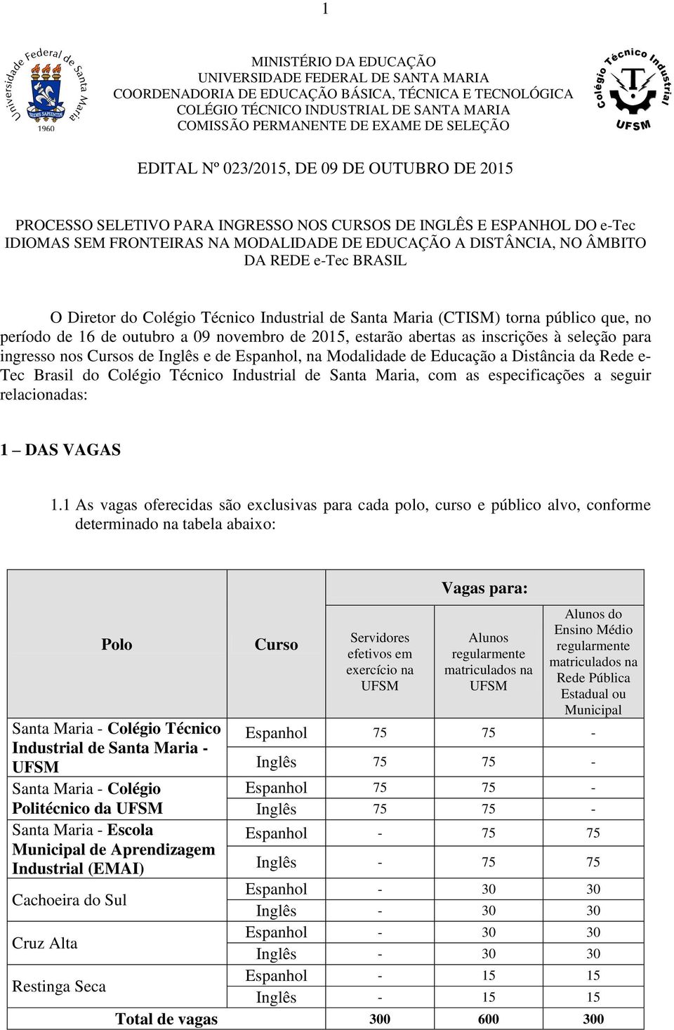 A DISTÂNCIA, NO ÂMBITO DA REDE e-tec BRASIL O Diretor do Colégio Técnico Industrial de Santa Maria (CTISM) torna público que, no período de 16 de outubro a 09 novembro de 2015, estarão abertas as