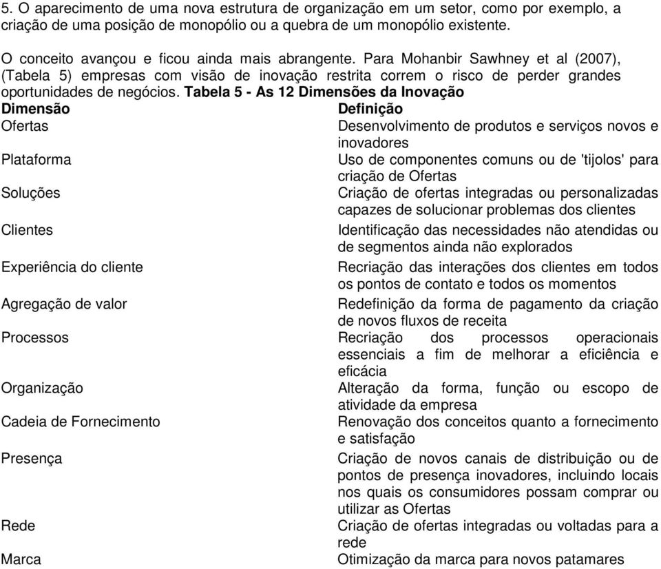 Tabela 5 - As 12 Dimensões da Inovação Dimensão Definição Ofertas Desenvolvimento de produtos e serviços novos e inovadores Plataforma Uso de componentes comuns ou de 'tijolos' para criação de