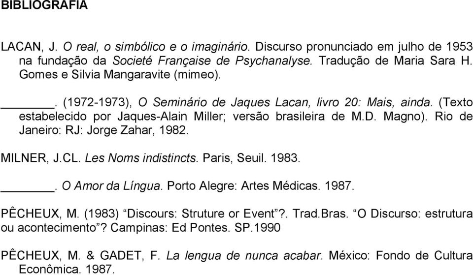 Rio de Janeiro: RJ: Jorge Zahar, 1982. MILNER, J.CL. Les Noms indistincts. Paris, Seuil. 1983.. O Amor da Língua. Porto Alegre: Artes Médicas. 1987. PÊCHEUX, M.