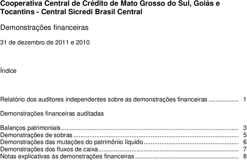 .. 3 Demonstrações de sobras... 5 Demonstrações das mutações do patrimônio líquido.