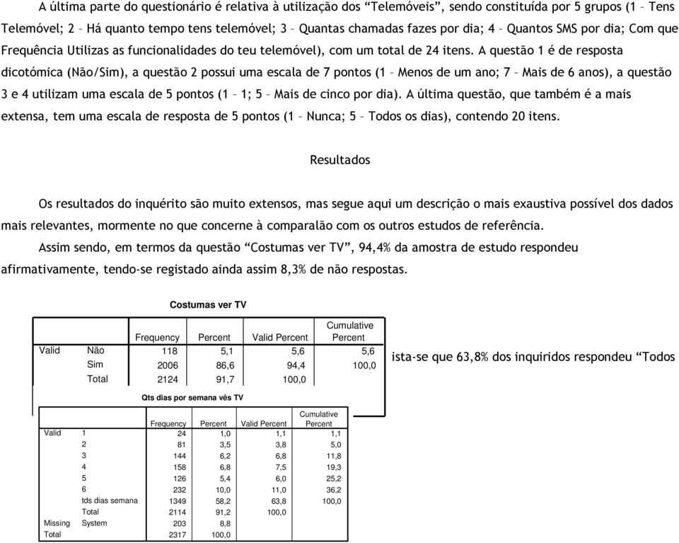 A questão 1 é de resposta dicotómica (Não/Sim), a questão 2 possui uma escala de 7 pontos (1 Menos de um ano; 7 Mais de 6 anos), a questão 3 e 4 utilizam uma escala de 5 pontos (1 1; 5 Mais de cinco