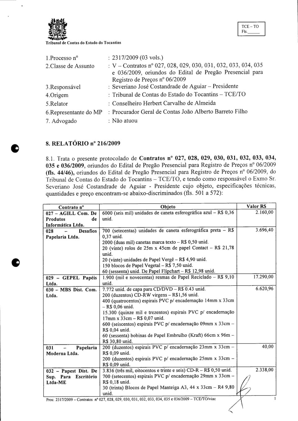 : Conselheiro Herbert Carvalho Almeida : Procurador Geral Contas João Alberto Barreto Filho : Não atuou 8. RELATÓRIO n 216