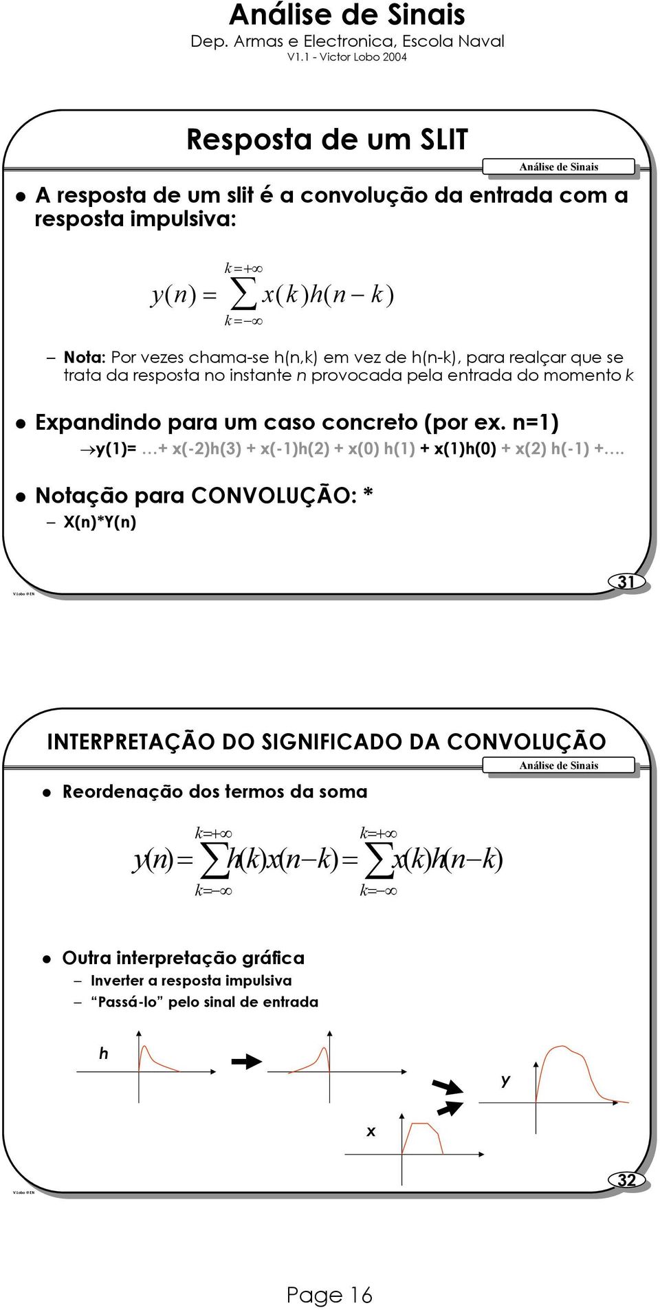 n=1) y(1)= + x(-2)h(3) + x(-1)h(2) + x(0) h(1) + x(1)h(0) + x(2) h(-1) +.