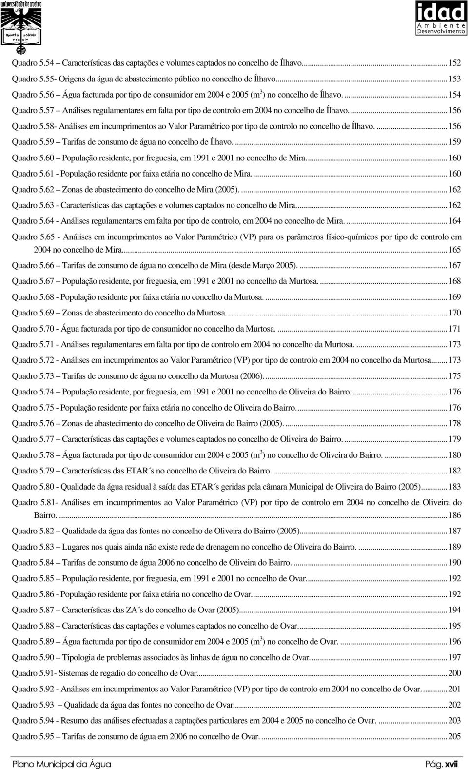 58- Análises em incumprimentos ao Valor Paramétrico por tipo de controlo no concelho de Ílhavo....156 Quadro 5.59 Tarifas de consumo de água no concelho de Ílhavo....159 Quadro 5.