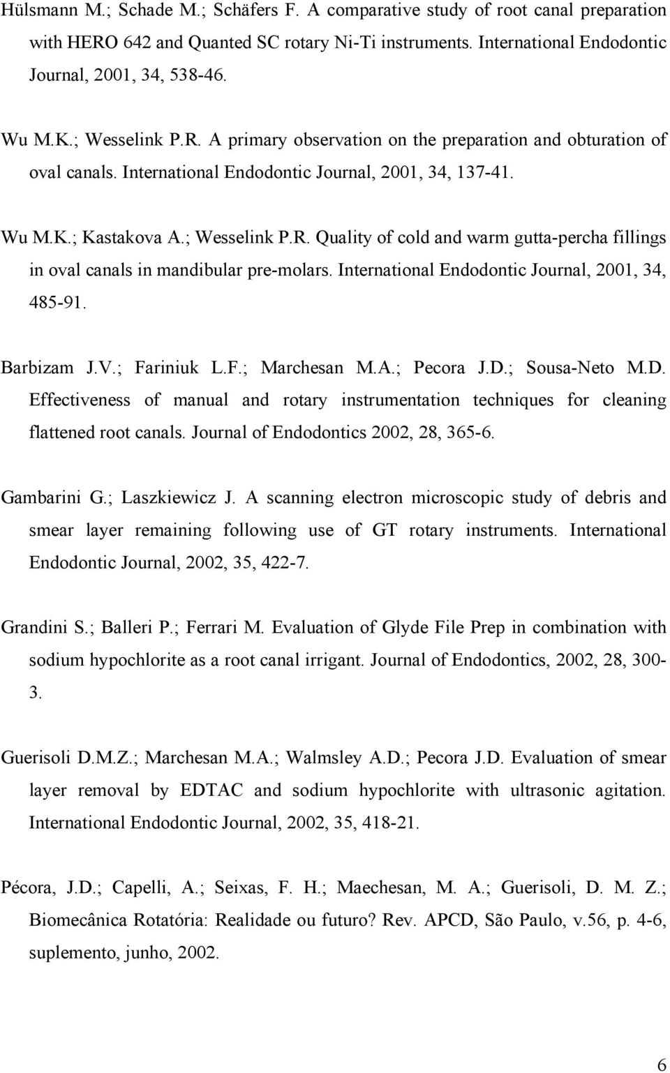 International Endodontic Journal, 2001, 34, 485-91. Barbizam J.V.; Fariniuk L.F.; Marchesan M.A.; Pecora J.D.