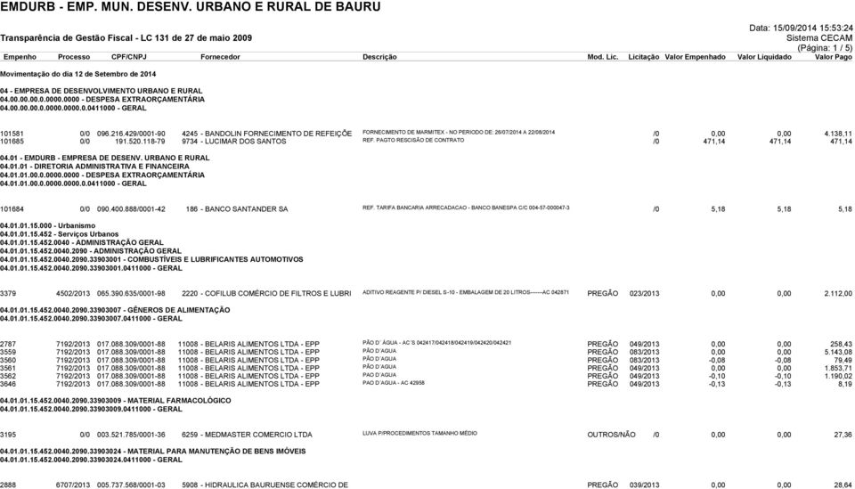 118-79 9734 - LUCIMAR DOS SANTOS REF. PAGTO RESCISÃO DE CONTRATO /0 471,14 471,14 471,14 04.01 - EMDURB - EMPRESA DE DESENV. URBANO E RURAL 04.01.01 - DIRETORIA ADMINISTRATIVA E FINANCEIRA 04.01.01.00.