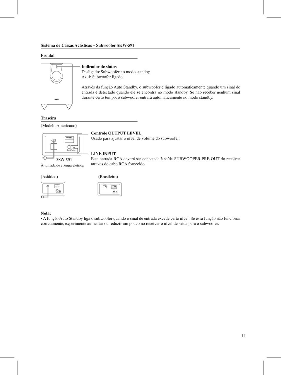 Se não receber nenhum sinal durante certo tempo, o subwoofer entrará automaticamente no modo standby.