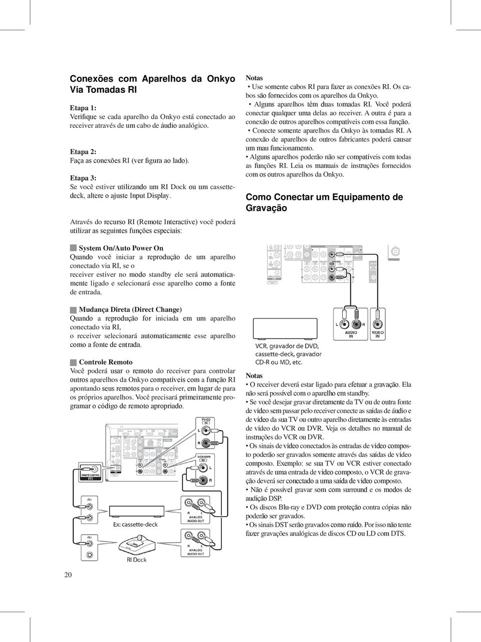 Através do recurso RI (Remote Interactive) você poderá utilizar as seguintes funções especiais: Notas Use somente cabos RI para fazer as conexões RI. Os cabos são fornecidos com os aparelhos da Onkyo.