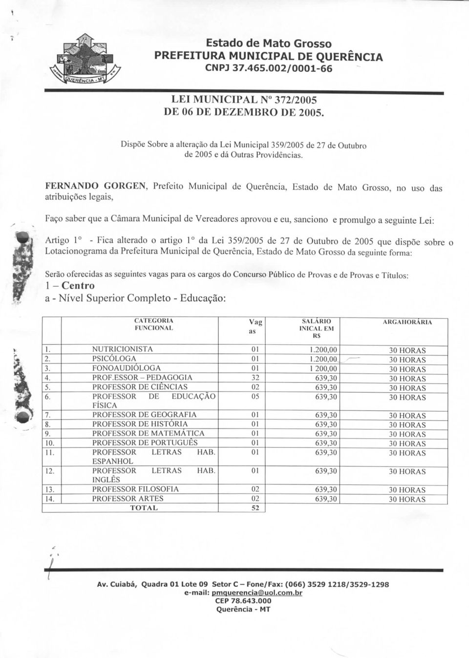 ei: Artigo 1 - Fica alterado o artigo 1 da ei 359/20 de 27 de Outubro de 20 que dispõe sobre o otacionograma da Prefeitura Municipal de Querência, Estado de Mato Grosso da seguinte forma: Serão