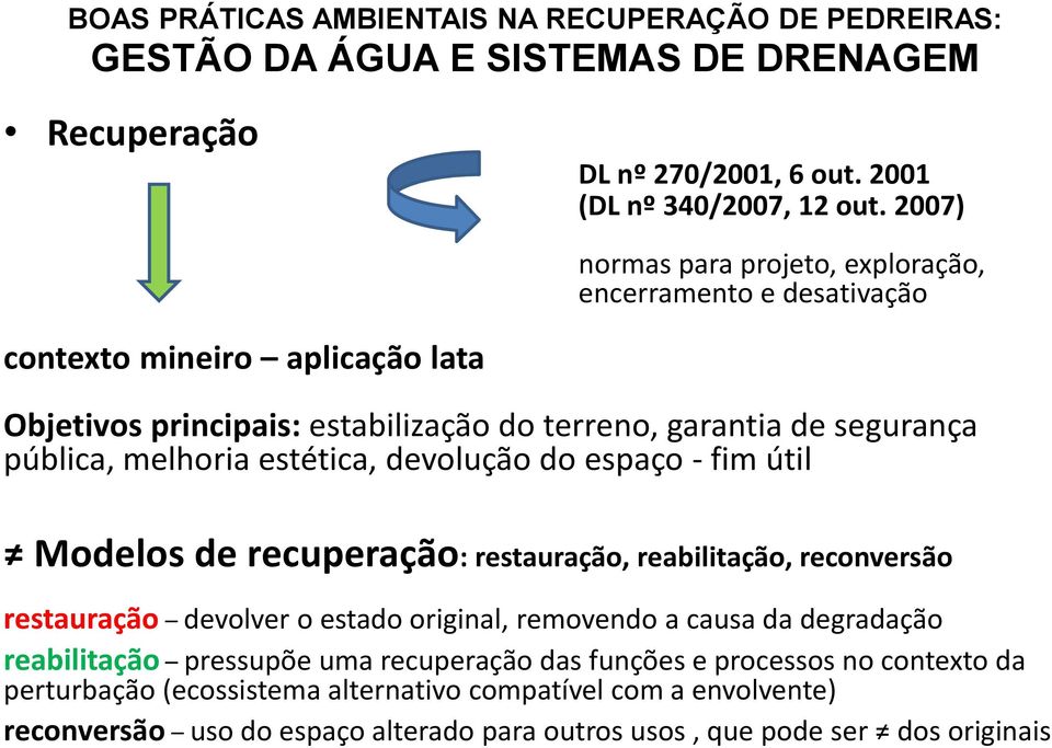 segurança pública, melhoria estética, devolução do espaço - fim útil Modelos de recuperação: restauração, reabilitação, reconversão restauração devolver o estado