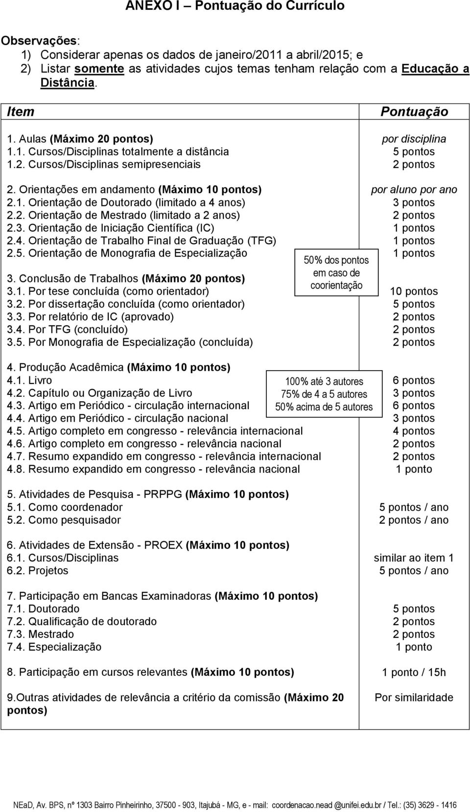 2. Orientação de Mestrado (limitado a 2 anos) 2.3. Orientação de Iniciação Científica (IC) 2.4. Orientação de Trabalho Final de Graduação (TFG) 2.5. Orientação de Monografia de Especialização 3.