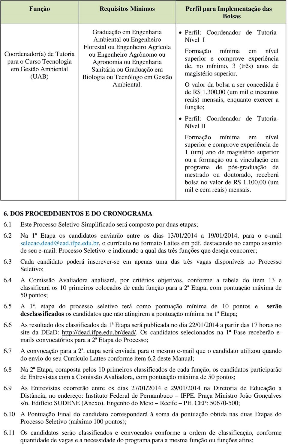 Perfil: Coordenador de Tutoria- Nível I superior e comprove experiência de, no mínimo, 3 (três) anos de magistério superior. O valor da bolsa a ser concedida é de R$ 1.