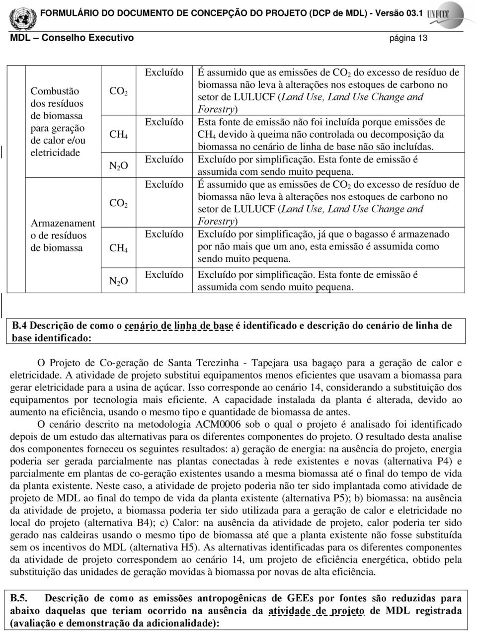 and Forestry) Esta fonte de emissão não foi incluída porque emissões de CH 4 devido à queima não controlada ou decomposição da biomassa no cenário de linha de base não são incluídas.