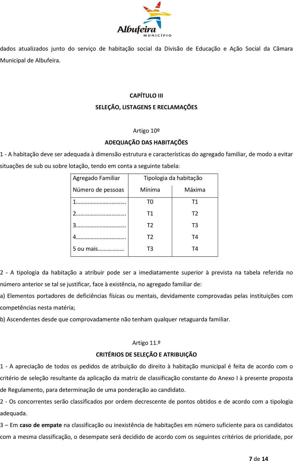 situações de sub ou sobre lotação, tendo em conta a seguinte tabela: Agregado Familiar Tipologia da habitação Número de pessoas Mínima Máxima 1. T0 T1 2. T1 T2 3. T2 T3 4.