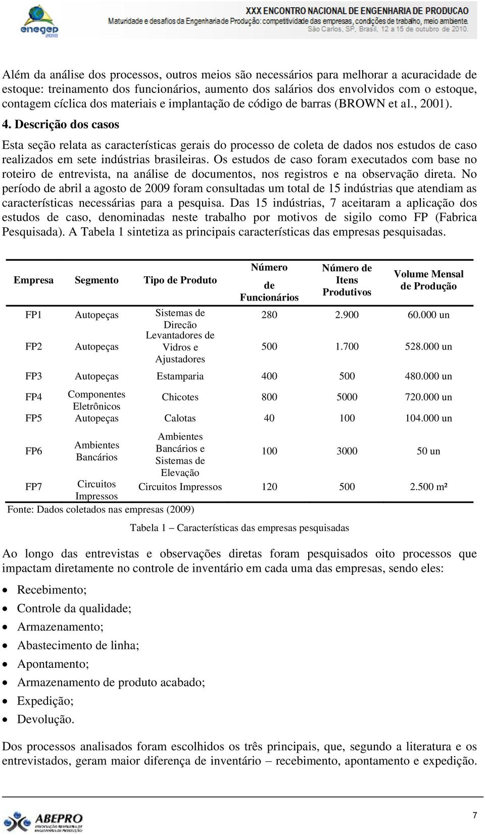 Descrição dos casos Esta seção relata as características gerais do processo de coleta de dados nos estudos de caso realizados em sete indústrias brasileiras.