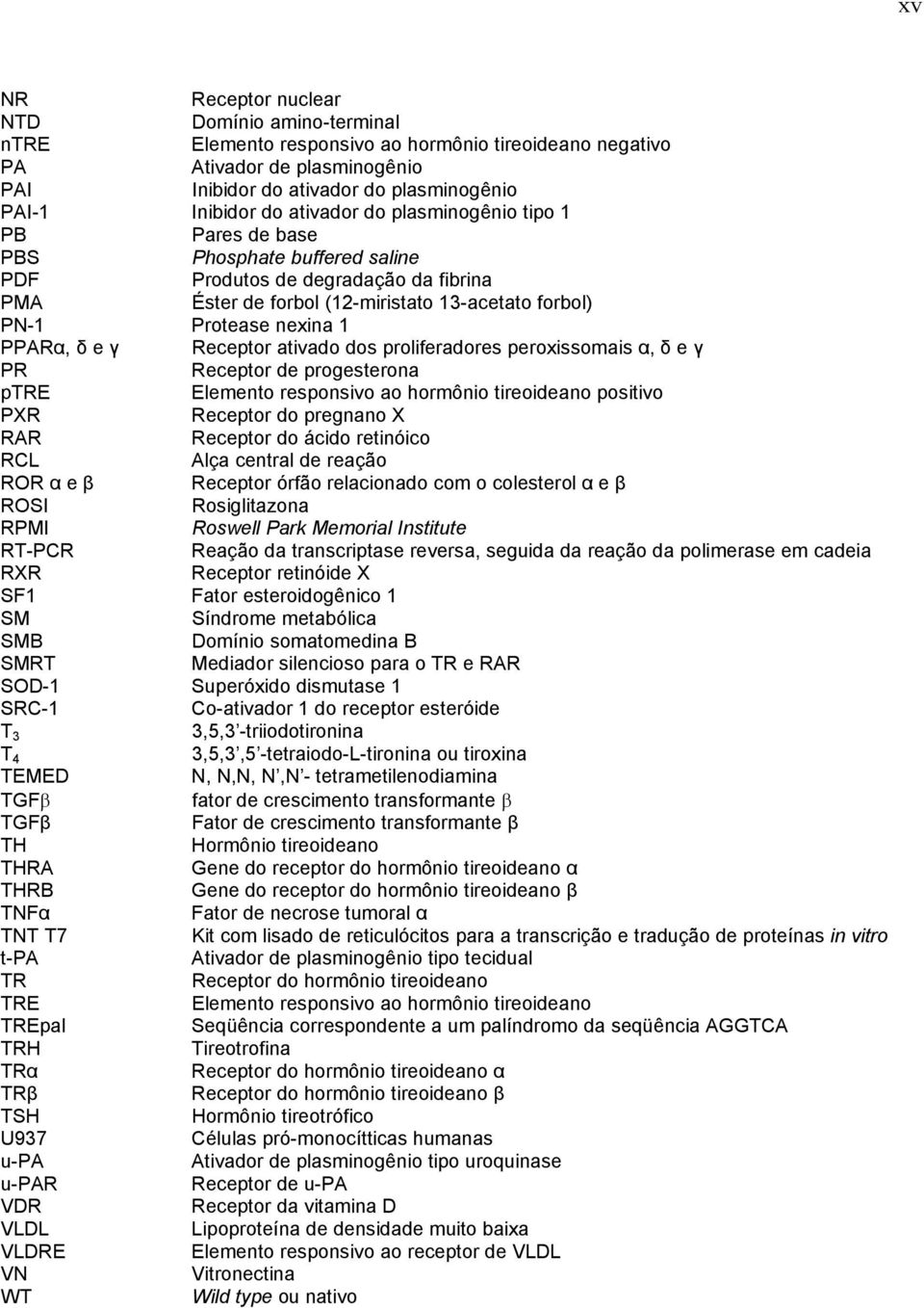 PPARα, δ e γ Receptor ativado dos proliferadores peroxissomais α, δ e γ PR Receptor de progesterona ptre Elemento responsivo ao hormônio tireoideano positivo PXR Receptor do pregnano X RAR Receptor