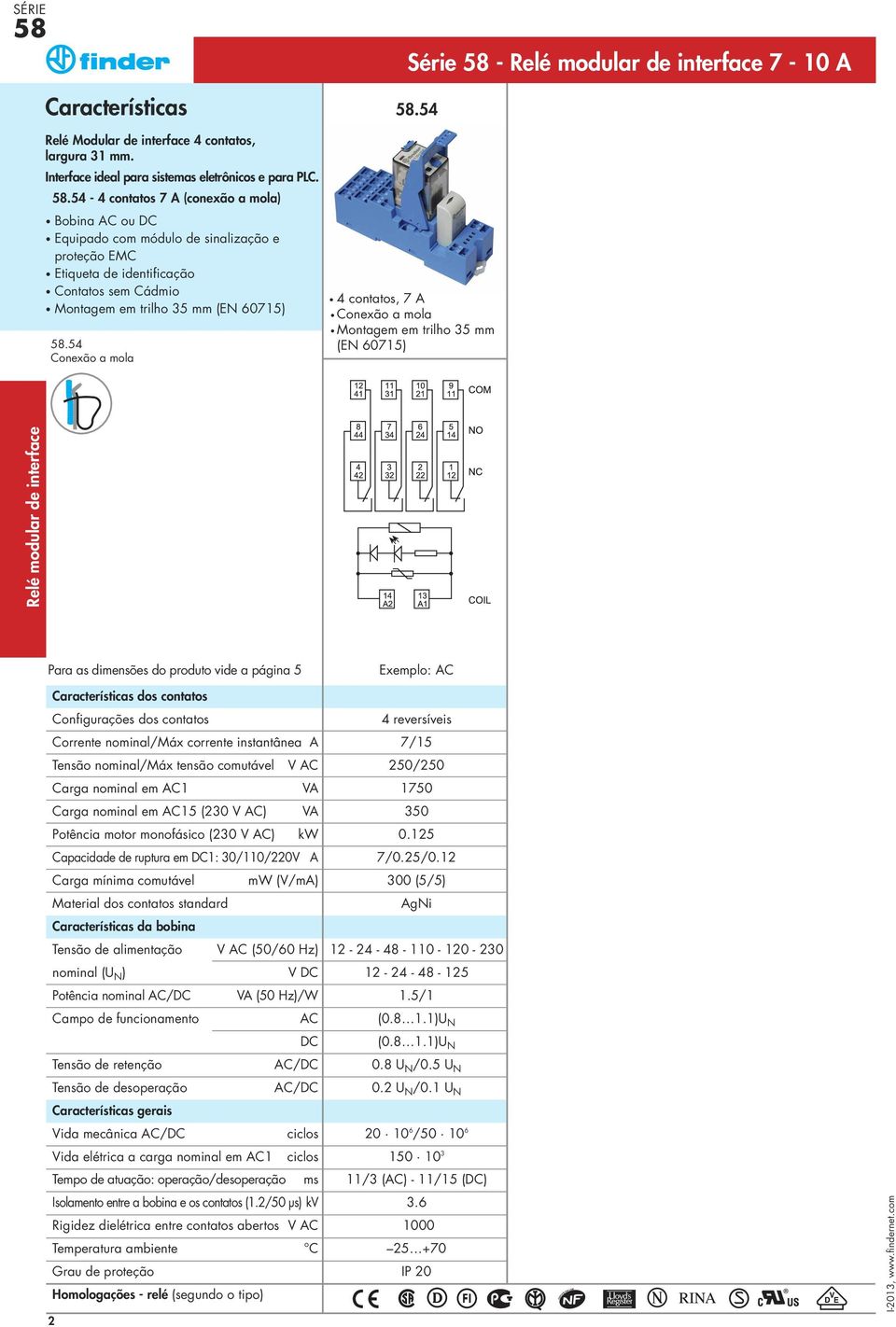 54 4 contatos, 7 A mola Para as dimensões do produto vide a página 5 Características dos contatos Configurações dos contatos Corrente nominal/máx corrente instantânea A Tensão nominal/máx tensão