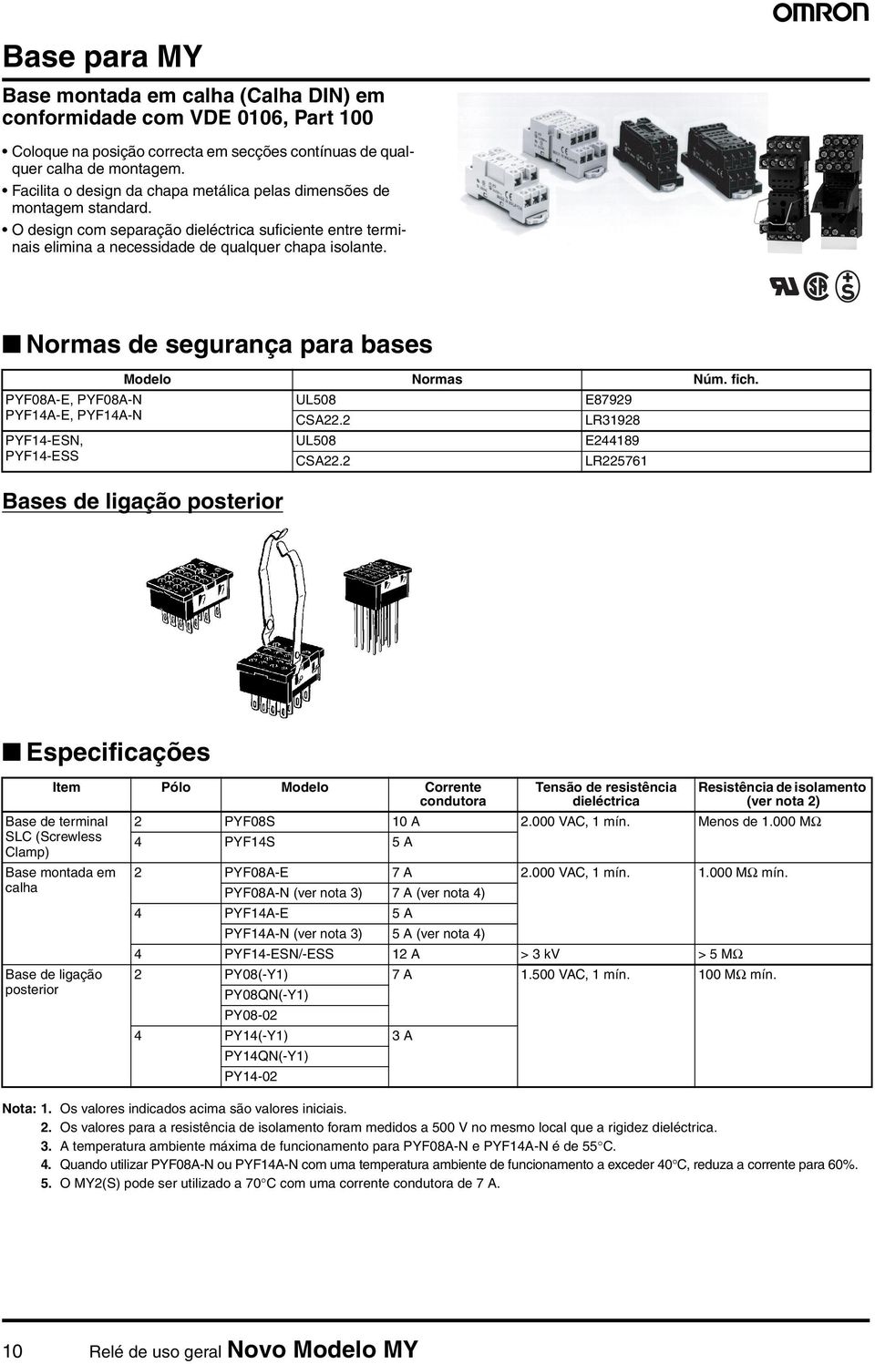 Normas de segurança para bases Modelo Normas Núm. fich. PYF0A-E PYF0A-N UL0 E7 PYFA-E PYFA-N CSA. LR PYF-ESN UL0 E PYF-ESS CSA.