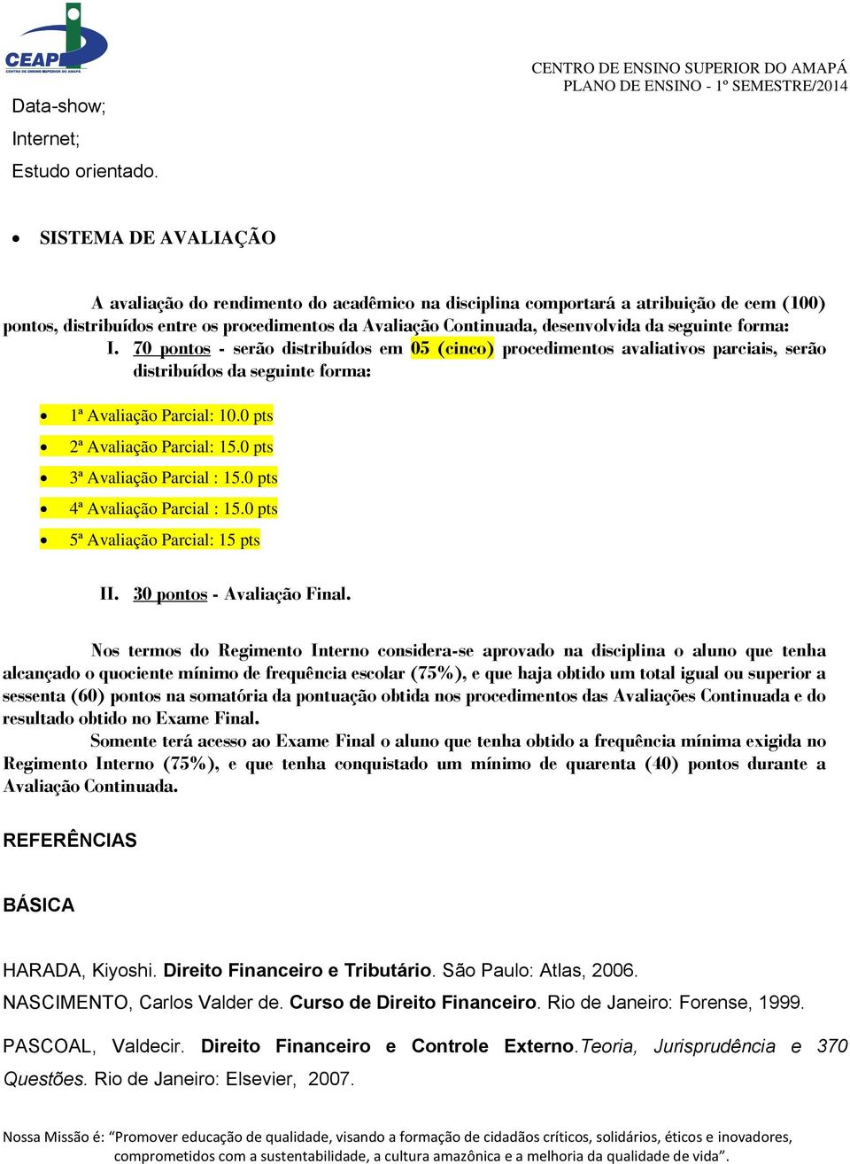 forma: I. 70 pontos - serão distribuídos em 05 (cinco) procedimentos avaliativos parciais, serão distribuídos da seguinte forma: 1ª Avaliação Parcial: 10.0 pts 2ª Avaliação Parcial: 15.