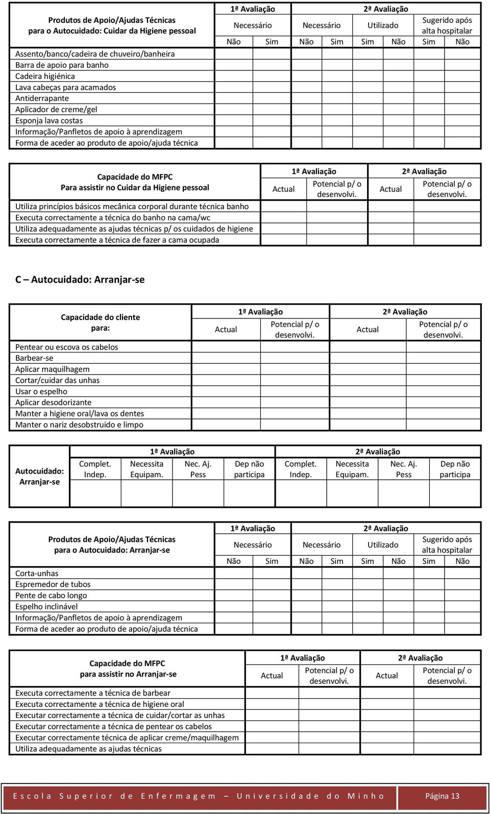 técnica banho Executa correctamente a técnica do banho na cama/wc Utiliza adequadamente as ajudas técnicas s cuidados de higiene Executa correctamente a técnica de fazer a cama ocupada C Autocuidado: