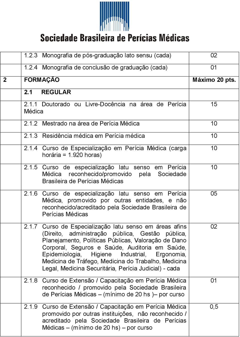 1.6 Curso de especialização latu senso em Perícia Médica, promovido por outras entidades, e não reconhecido/acreditado pela Sociedade Brasileira de Perícias Médicas 2.1.7 Curso de Especialização latu