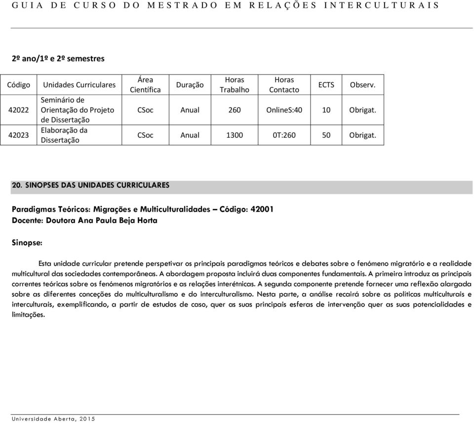 SINOPSES DAS UNIDADES CURRICULARES Paradigmas Teóricos: Migrações e Multiculturalidades Código: 42001 Docente: Doutora Ana Paula Beja Horta : Esta unidade curricular pretende perspetivar os