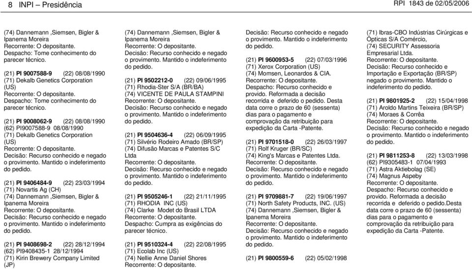 (21) PI 9008062-9 (22) 08/08/1990 (62) PI9007588-9 08/08/1990 (71) Dekalb Genetics Corporation (US) Recorrente: O depositante. Decisão: Recurso conhecido e negado o provimento.