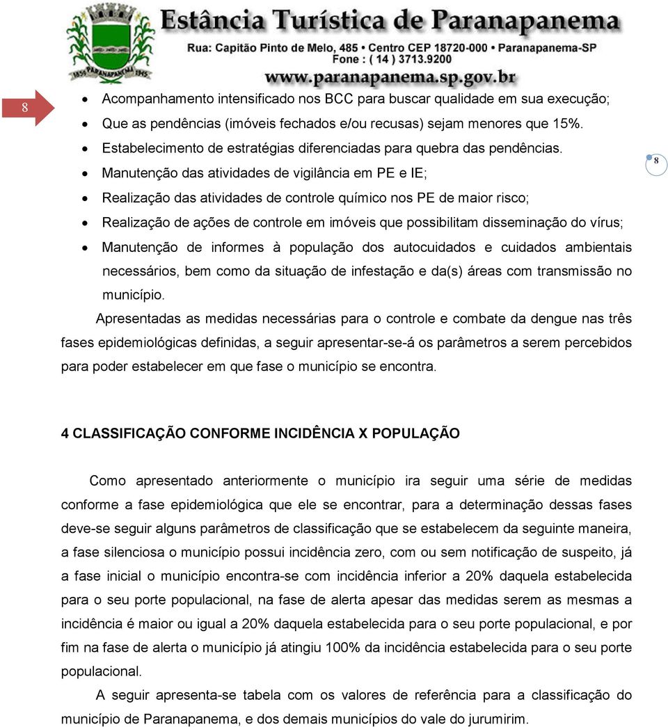 Manutenção das atividades de vigilância em PE e IE; Realização das atividades de controle químico nos PE de maior risco; Realização de ações de controle em imóveis que possibilitam disseminação do