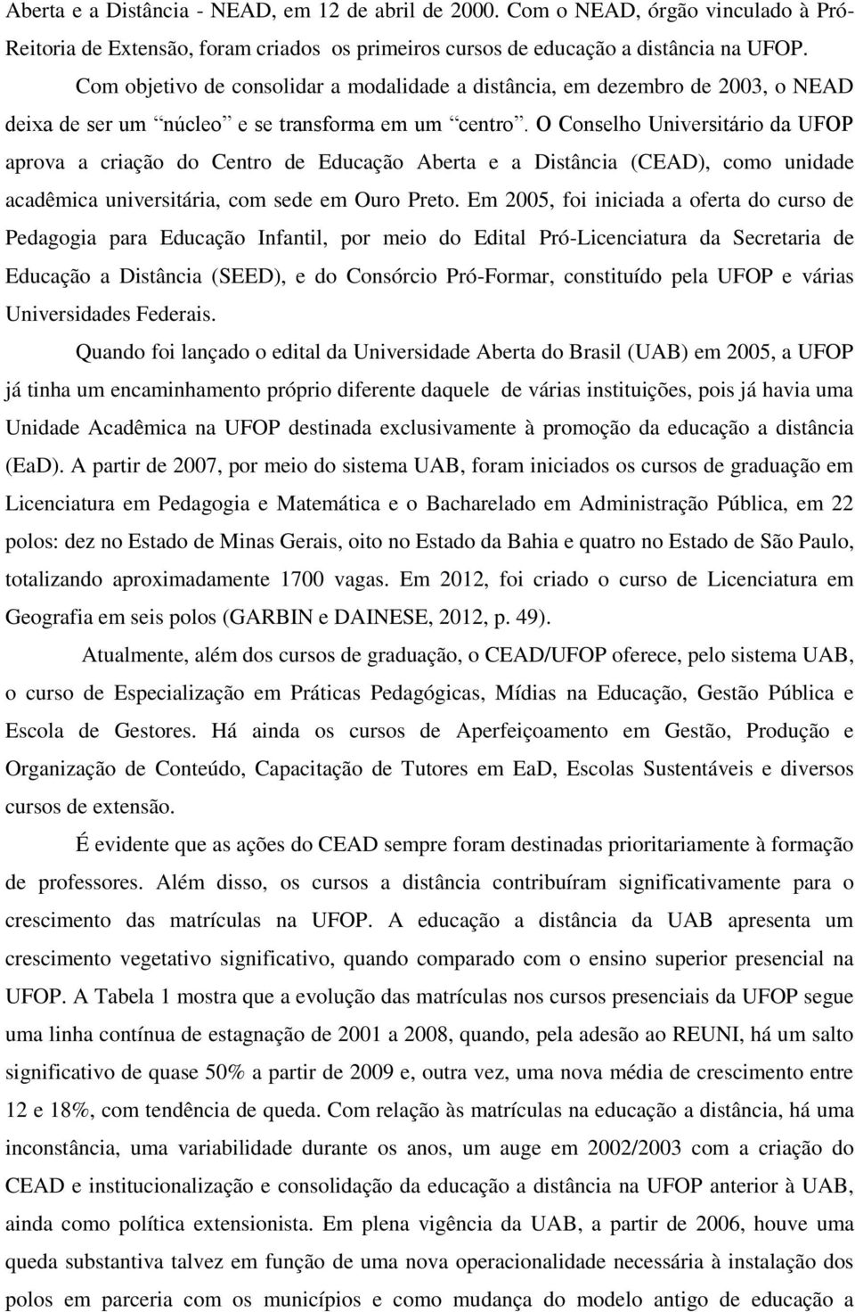 O Conselho Universitário da UFOP aprova a criação do Centro de Educação Aberta e a Distância (CEAD), como unidade acadêmica universitária, com sede em Ouro Preto.