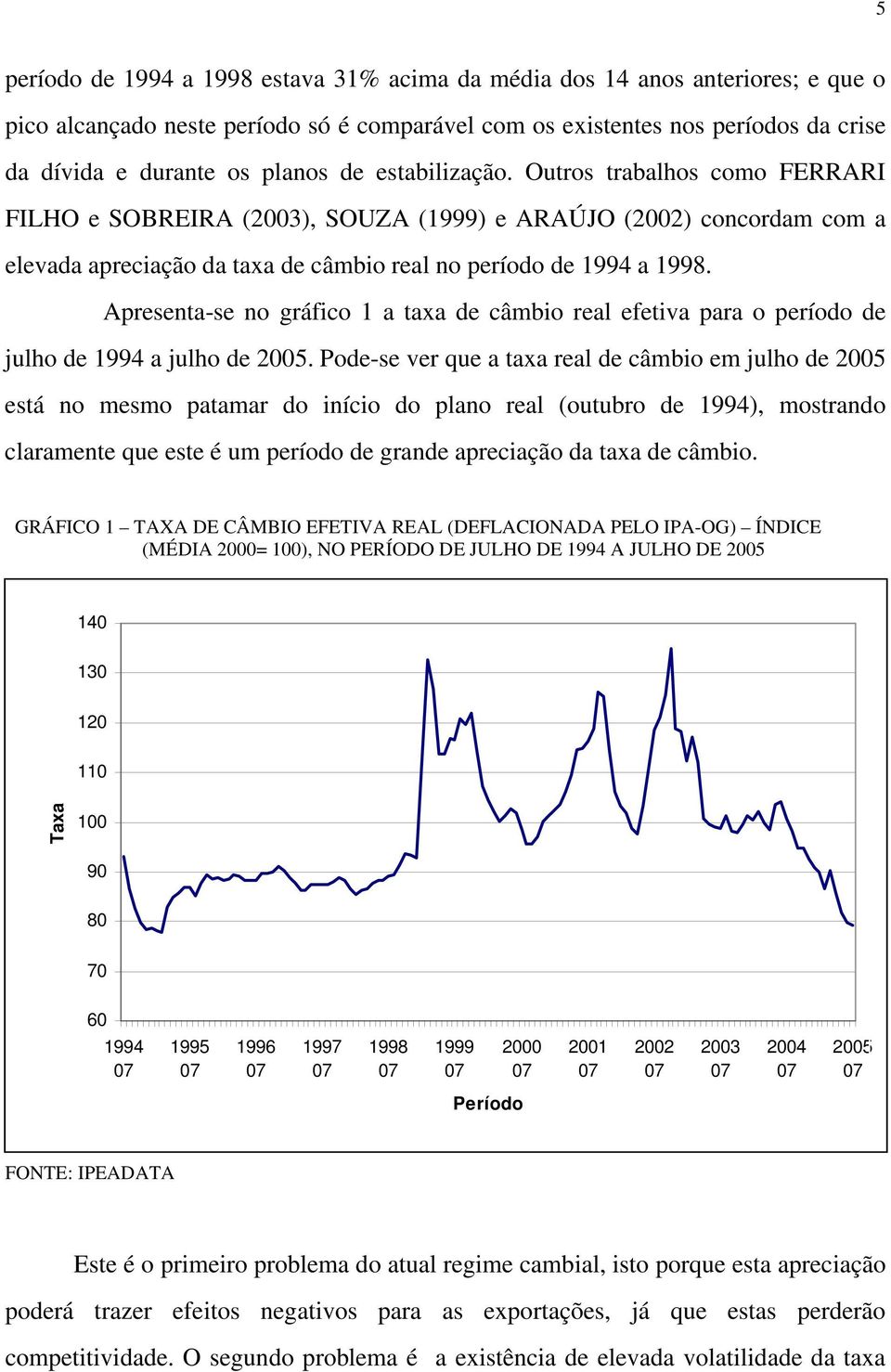 Apresenta-se no gráfico 1 a taxa de câmbio real efetiva para o período de julho de 1994 a julho de 2005.